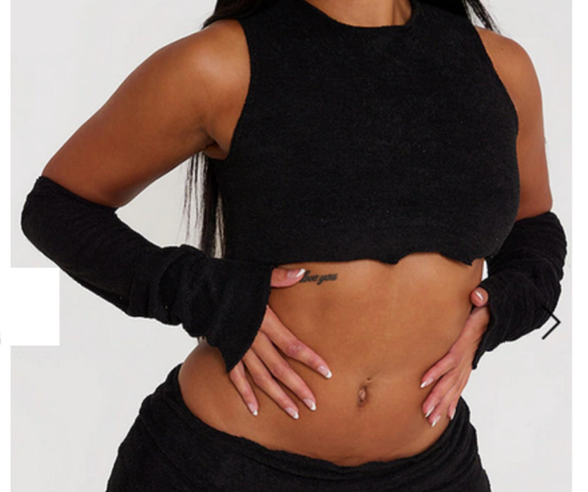 Pretty Little Things - Shape Black Soft Towelling Bardot Crop Top - UK10