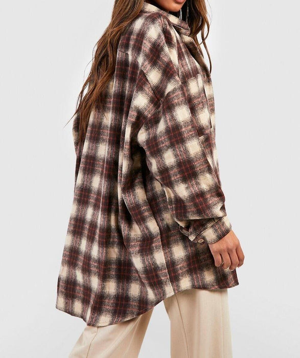 BOOHOO STONE OVERSIZED CHECKED SHIRT STONE SIZE 10