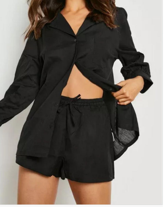 BOOHOO LINEN LOOK BOYFRIEND SHIRT & RELAXED FIT SHORTS - UK10