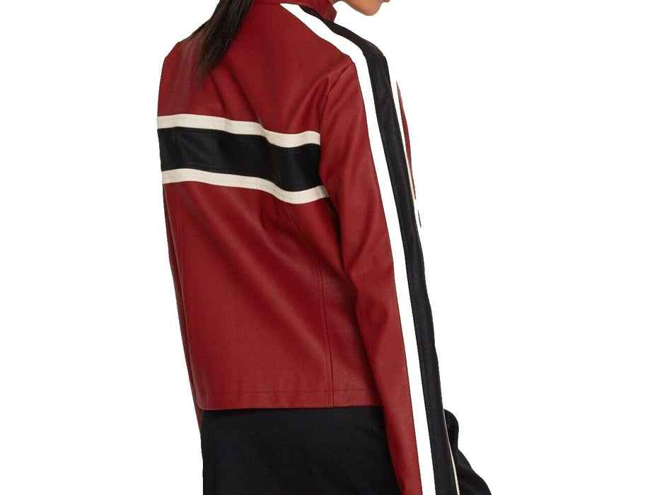 Motel Rocks Oliver Zip Up Jacket In PU Red With Ecru Stripe Size Medium