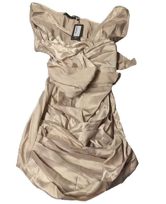 I SAW IT FIRST SATIN ASYMETRIC STRAP DRAPE BODYCON DRESS CHAMPAGNE Size 10