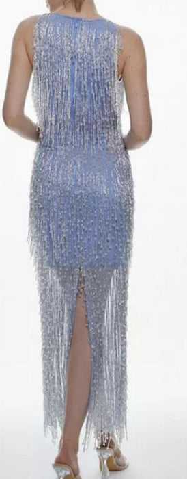 Karenmillen Beaded Fringed V Neck Embellished Maxi Dress - UK8