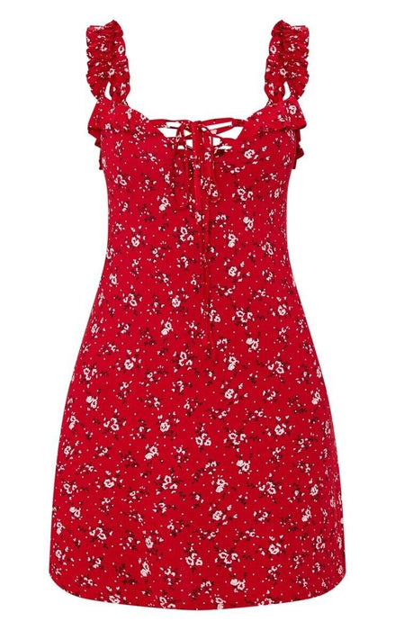 Pretty Little Thing - Red Ditsy Floral Print Frill Detail Shift Dress Size 8