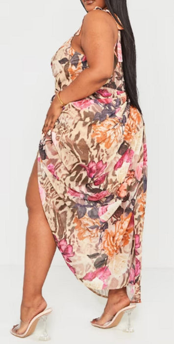 Pretty Little Thing Plus Beige Animal Printed Underwire Draped Midi Dress - Uk20