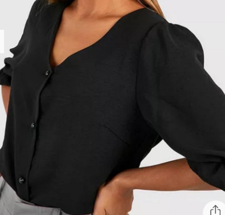 BOOHOO BLACK HAMMERED PUFF SLEEVE BUTTON FRONT BLOUSE - UK 10