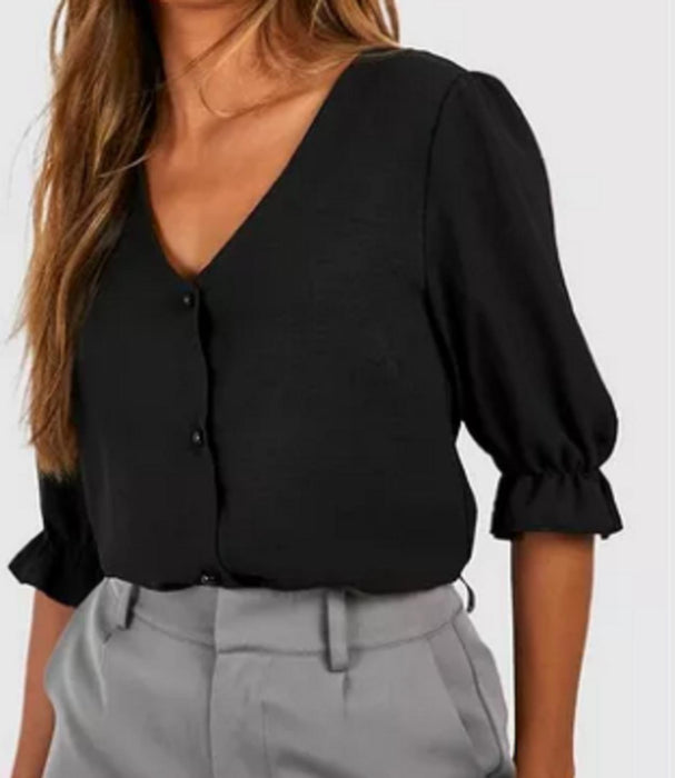 BOOHOO BLACK HAMMERED PUFF SLEEVE BUTTON FRONT BLOUSE - UK 10