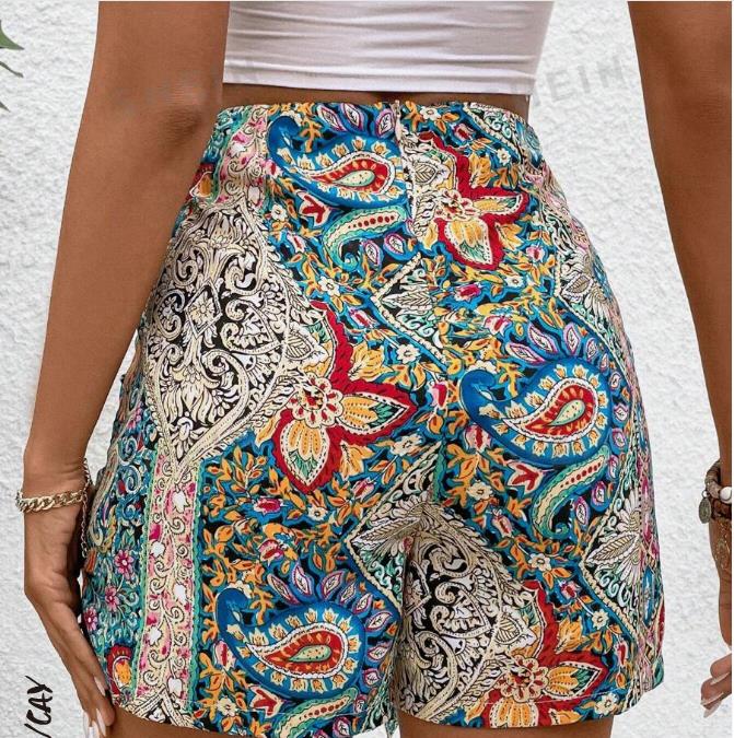 SHEIN VCAY Women's High Waisted Paisley Flower Printed Front Tie Shorts XL