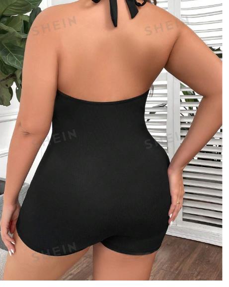 SHEIN Swim Curve Ruched Halter One Piece Swimsuit Black Size XL