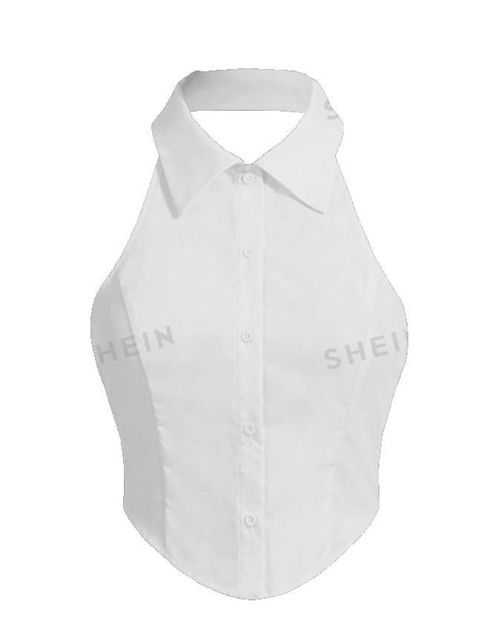 SHEIN EZwear Valentine's Day White Woven Women'S Knotted Backless Shirt