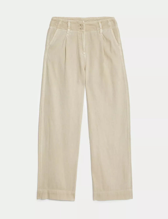 M&S Lyocell Blend Pleated Wide Leg Trouser Beige Size 18 Long