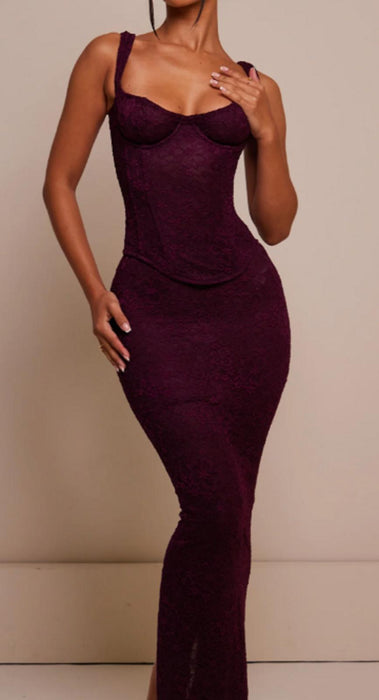 Mars The Label The Cinched Lace Corset Maxi Set - Plum - UK 6