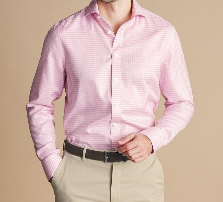 Charles Tyrwhitt Slim Fit Pink Gingham Non-Iron Twill Cutway Shirt Slim Fit