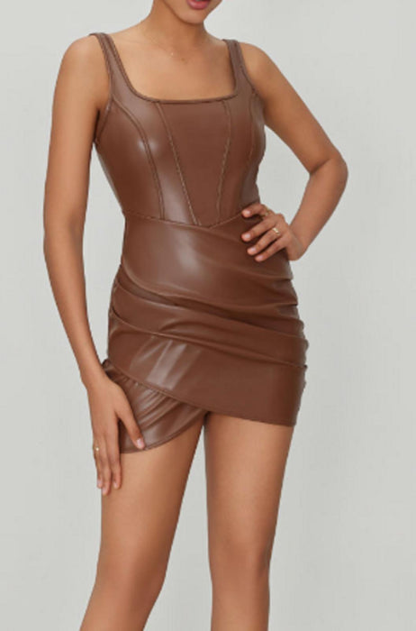 Cider Faux Leather Square Neck Ruched Mini Dress - Large