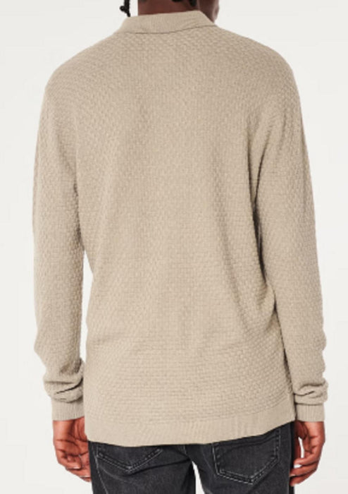 Hollister Textured Long-Sleeve Sweater Polo - Dark Heather Tan - XLarge