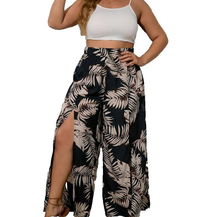 SHEIN VCAY Plus Tropical Print Split Thigh Wide Leg Trousers 3XL