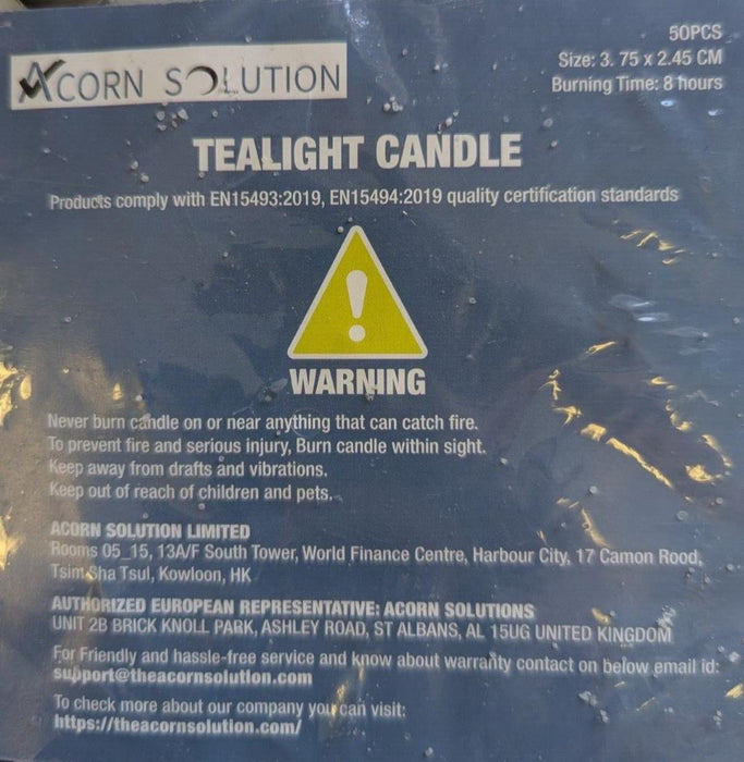 Acorn Solution Teaalight Candle 50 Pieces - 8 Hour Burn Time