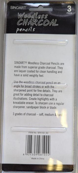 SINOART 3 Pieces Woodless Charcoal Pencils - Soft Medium & Hard