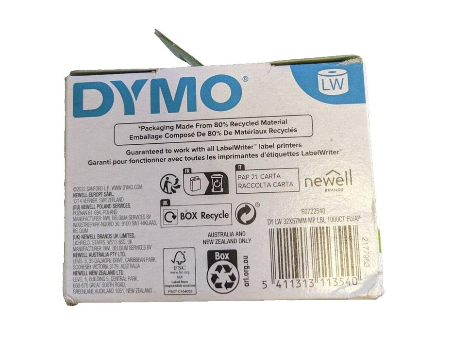 DYMO LW Multipurpose Label Adhesive Black on White 32 x 57 mm 1000 Labels