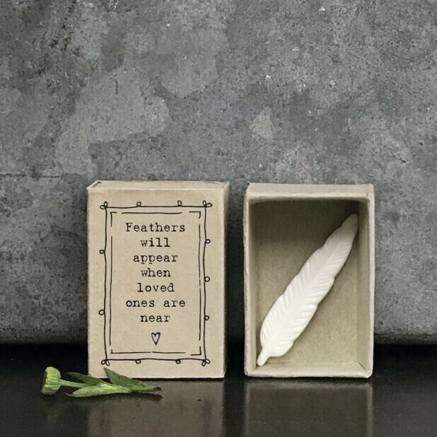 East of India porcelain feather in matchbox 'Feathers will appear' in memory new