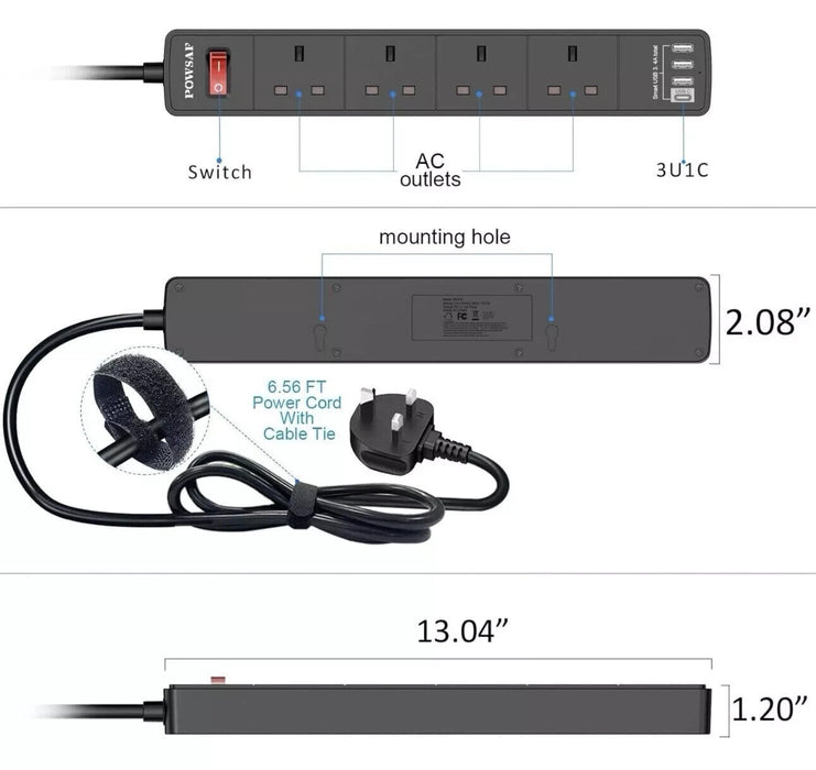 Extension Lead with 4 USB Slots (3.4A, 1C and 3A Ports),POWSAF Power Strip...