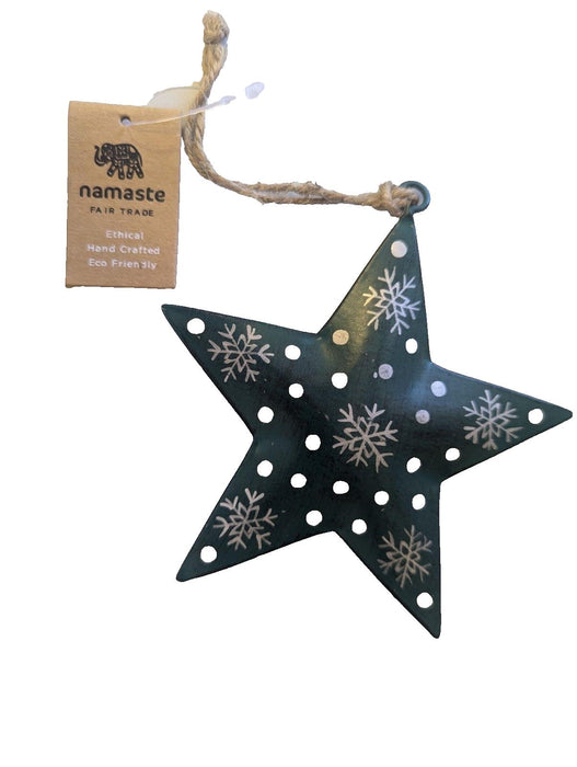 Namaste Hanging Green Star With Silver Snowflakes Christmas Tree Decoration 12 x