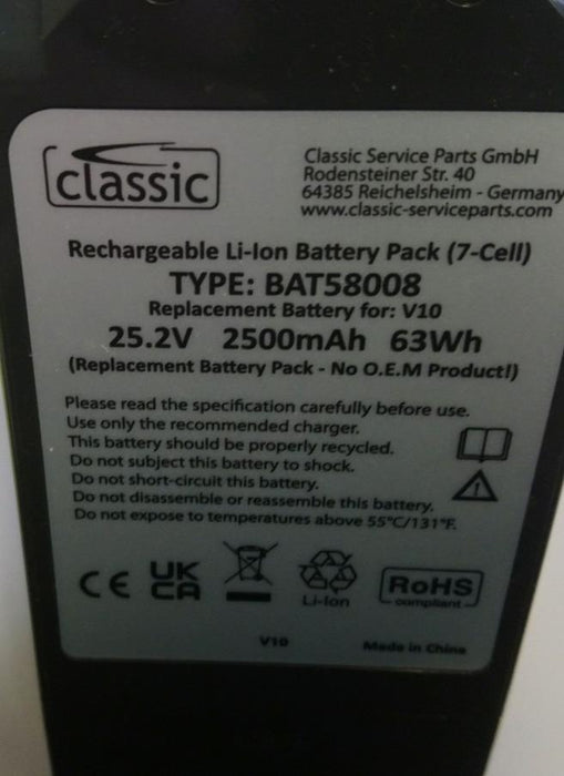 Classic Brand Replacement Battery for Dyson V10 2500mAh 25.2V 63Wh