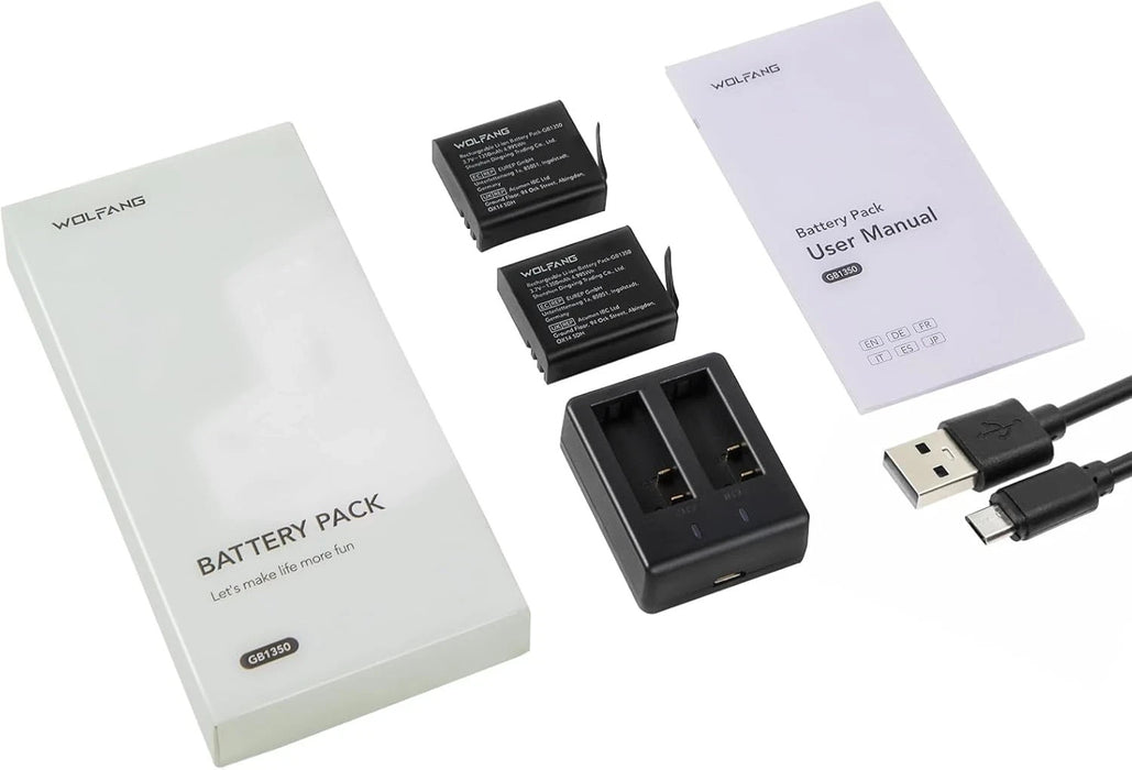 Action Camera Kit, Charging Kit with Two 1350 Mah Batteries & USB Charger GB1350