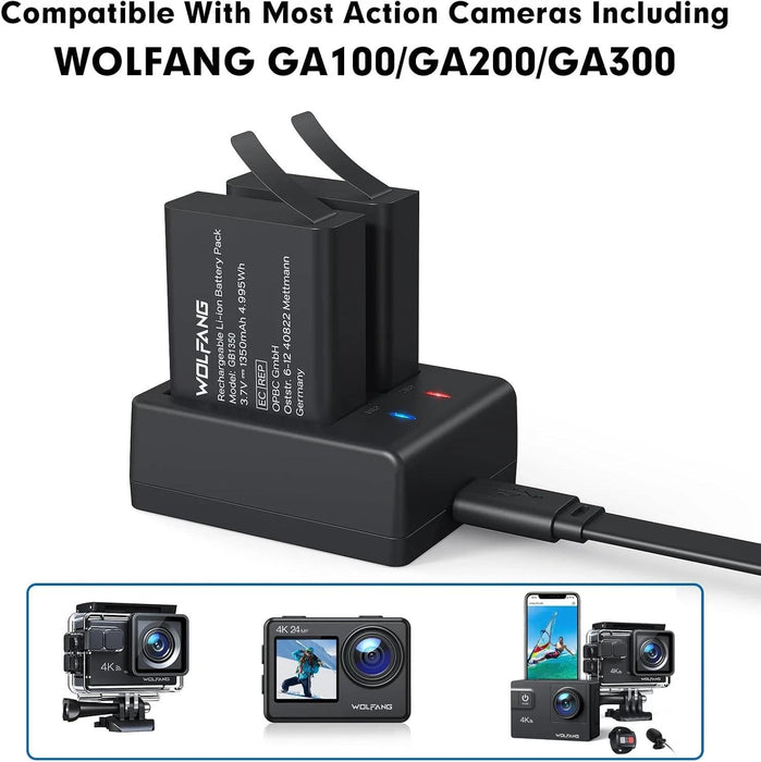 Action Camera Kit, Charging Kit with Two 1350 Mah Batteries & USB Charger GB1350