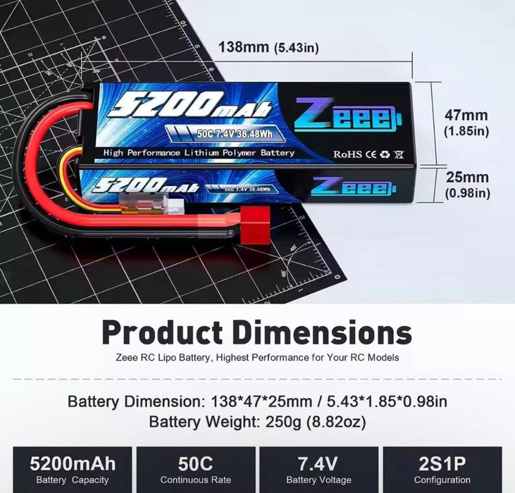 Zeee 7.4V 50C 5200mAh 2S RC Lipo Battery Hard Case Deans Plug with Housing