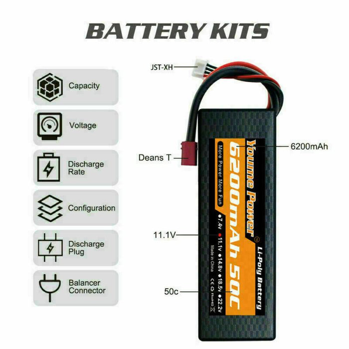 2x 3S 11.1V LiPo Battery 6200mAh 50C 1:7 FELONY 6S BLX Infraction Kraton Roller