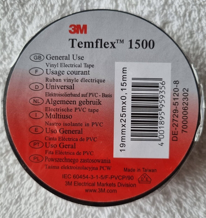 3M Temflex 1500 Isolation Insulating  Tape 25M x 19mm Quality Black Tape