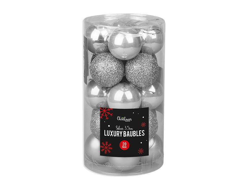 20 Silver Christmas Baubles Luxury Tree Decorations 3.5cm Xmas Baubles