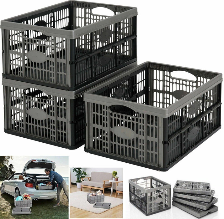 5X FOLDING CRATES PLASTIC GREY/SILVER 32L COLLAPSIBLE STORAGE BOXES STACKABLE