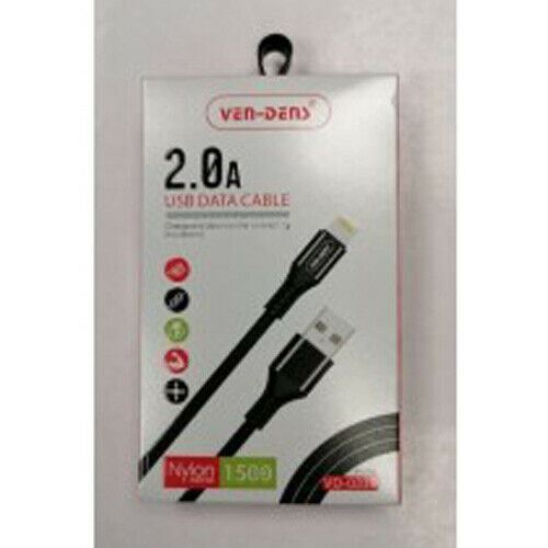 Lightening Data Cable Nylon - Black - 2.0a - 1.5m Extra Long Ven-Dens