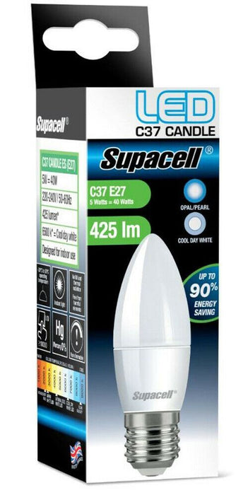 2x Supacell LED Screw Bulb Opal/Pearl Cool Day White Non Dimmable C37 E27 470 5w