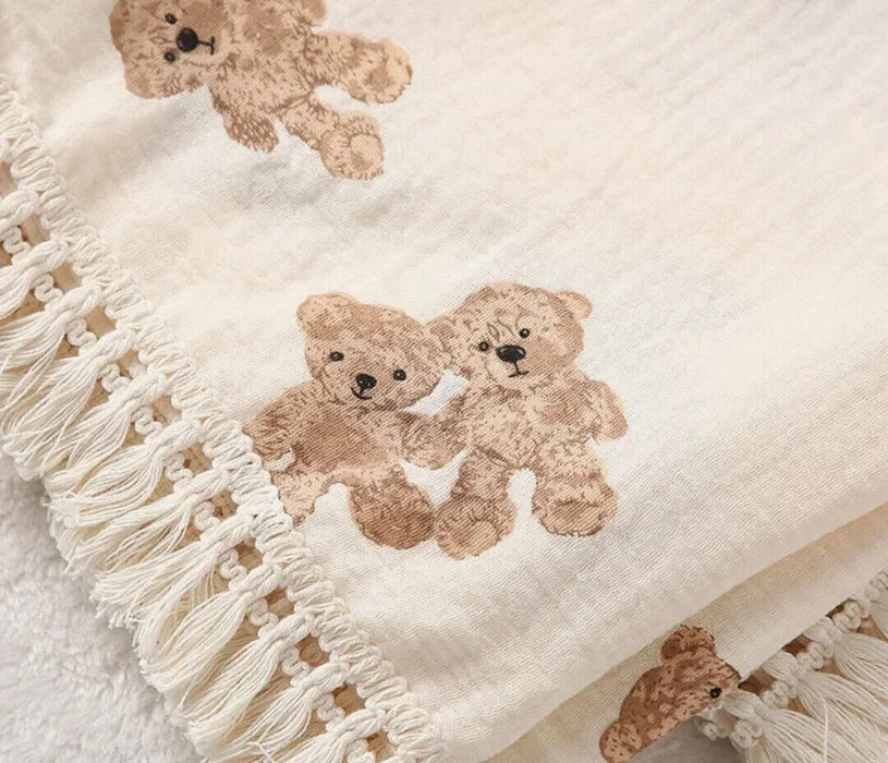 Soft Cotton Teddy Tassel Muslin Blanket Beige New