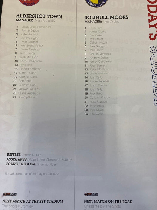 Aldershot fc vs Solihull moors 2022 - Official Match Programme - 6/9/22